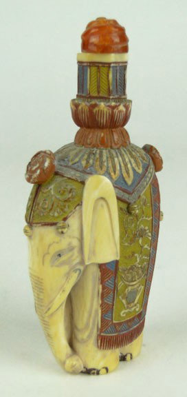 19TH C LARGE ORIENTAL IVORY ELEPHANT SNUFF BOTTLE: 19TH C LARGE ORIENTAL IVORY ELEPHANT SNUFF BOTTLE In the Form of an Elephan with Fabulous Scroll Work Polychrome Standing 4 Inches Tall Comes with Ivory & Carnelian Snuffer Circa 1880's Very Good Cond