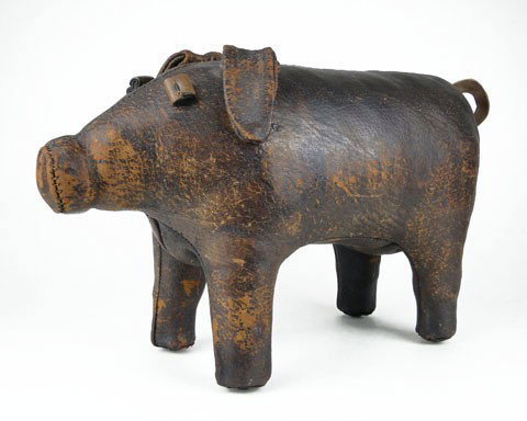 ANTIQUE FOLK ART PIGSKIN PIG: ANTIQUE FOLK ART PIGSKIN PIG Circa 1910 Hand Sewn with Brass Feet Very Good Condition for Age Small Leather Losses to Ears Measures 19 Inches Long 12 Inches Tall, we will not ship this item, can refer