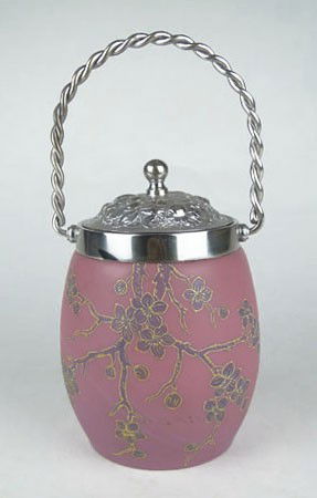 LATE 19C ENGLISH PEACH BLOW BISCUIT JAR: LATE 19C ENGLISH PEACH BLOW BISCUIT JAR Attributed to Thomas Webb Adorned with Gold Enamel Floral Spay over Peach BLOW Ground Standing 6-1/2 Inches Tall Plus Cover Minus Handle Excellent Condition, SH