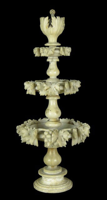 Early 20th Century Carved Alabaster: Early 20th Century Carved Alabaster Three Tiered Fountain/Centerpiece. Marked France. Small Carved Birds Missing and Chips to Carved Leaves, Cracks to Bowl Otherwise Good Condition. Measures 22-1/2 In