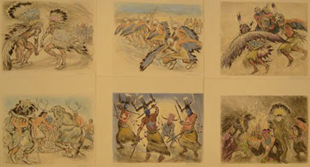 IRA MOSKOWITZ 6 AMERICAN INDIAN DANCE LITHOGRAPHS: IRA MOSKOWITZ 6 AMERICAN INDIAN DANCE LITHOGRAPHS All Color Enhanced Artist Proofs Signed in Pencil Lower Right Consisting of "Great Circle of the Feather Dance Mountain Chant Ceremony" 7 Indians Arou