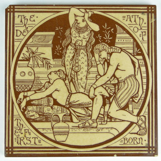 19C MINTONS CHINA WORKS MOYER SMITH TILE: 19C MINTONS CHINA WORKS MOYER SMITH TILE Mintons China Works Tile designed by Moyr Smith for the Biblical series. The Death of the First Born. Circa 1890. Signed Mintons China Works. One (1) Corner wi