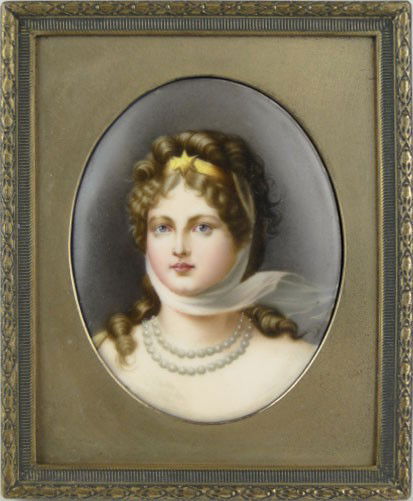 FINELY PAINTED KPM OR BERLIN PLAQUE: FINELY PAINTED KPM OR BERLIN PLAQUE Image of Queen Louise Konigan Painted by G. Richter Plaque Measures Approximately 3-1/2 Inches long Mounted in 5 Inch Bronze Frame,SHIPPING $30 PLUS INS