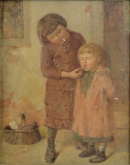 19C "THE SURPRISE" ENGLISH OIL ON CANVAS: 19C "THE SURPRISE" ENGLISH OIL ON CANVAS Early 19th Century English School Oil on Canvas "The Surprise" Signed Illegible. Paint Loss, Gilt Spray around Edges or else Good Condition. Measures 10 Inches