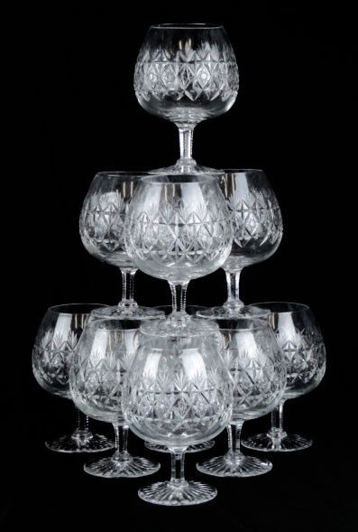 10 STUART WEBB CUT CRYSTAL BRANDY GLASSES: 10 STUART WEBB CUT CRYSTAL BRANDY GLASSES Approximately 5-1/2 Inches Tall Marked with the Etched S for Stuart and was Bought by Thomas Webb Co, WE WILL NOT SHIP THIS LOT, CAN REFER LOCAL SHIPPER