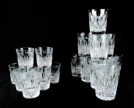 19 STUART WEBB CRYSTAL ROCK GLASSES: 19 STUART WEBB CRYSTAL ROCK GLASSES 8 Small Approximately 3 Inches Tall 11 Large Approximately 4-1/4 Inches Tall in the Spear Hex Pattern Etched with an S on the bottom of Each Glass and was Bought by
