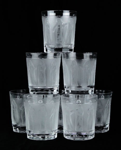 8 LALIQUE "FEMMES ANTIQUE" HIGH BALL CRYSTAL GLASS: 8 LALIQUE "FEMMES ANTIQUE" HIGH BALL CRYSTAL GLASSES Measures Approximately 4 Inches Tall all signed to base Very Good Condition, WE WILL NOT SHIP THIS LOT, CAN REFER LOCAL SHIPPER