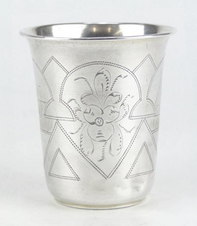 FABULOUS LARGE ANTIQUE RUSSIAN KIDDISH CUP: FABULOUS LARGE ANTIQUE RUSSIAN KIDDISH CUP With Houses and Floral Scene Measures Approximately 3 Inches Tall Marked to Base 84 with an Angel Holding a stick Initials ne3 Good Condition a Couple Small 