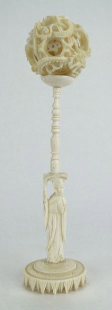 ANTIQUE CHINESE CARVED IVORY CONCENTRIC BALL W STA: ANTIQUE CHINESE CARVED IVORY CONCENTRIC BALL W STAND Measures Approximately 8 Inches Tall, shipping $30 plus ins u/s/ only