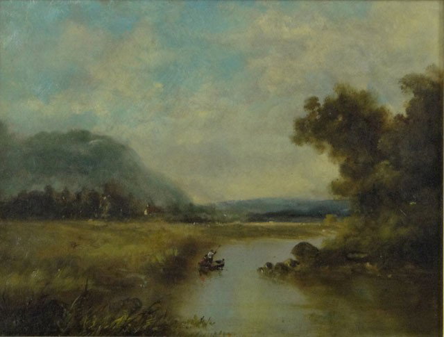 Late 19th C American School Oil on Canvas "Lanscap: Late 19th Century American School Oil on Canvas "Lanscape with Canoe on the River" Signed Lower Left Illegible. Good to Very Good Condition. Measures 12 Inches by 16 Inches, Frame Measures 22 Inches b