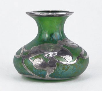 ANTIQUE LOETZ SILVER OVERLAY VASE: ANTIQUE LOETZ SILVER OVERLAY VASE Circa 1910 Floral Silver Overlay and Silver Rim on Oil Spot Glass Measures Approximately 3-1/2 Inches Tall No Breakage in the Silver Overlay Monogrammed on Silver Ver