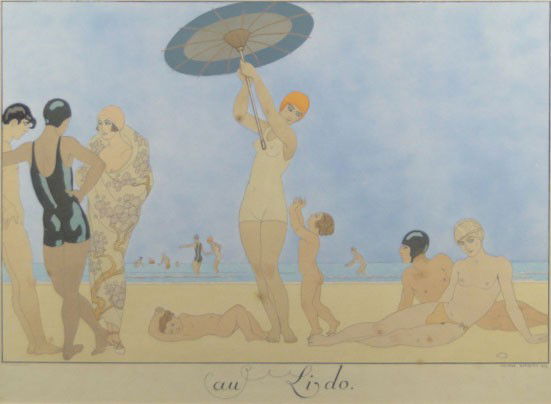 "AU LIDO" PRINT BY GEORGES BARBIER: "AU LIDO" PRINT BY GEORGES BARBIER 1924 Beautifully Framed 10 Inches x 13 Inches Born / Died (1882 - 1932) Publisher & Dated, SHIPPING $55 PLUS INS