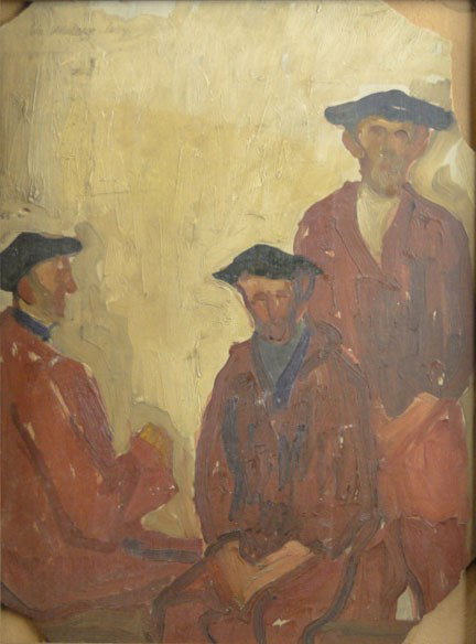 WILLIAM AUERBACH LEVY OIL ON BOARD: WILLIAM AUERBACH LEVY OIL ON BOARD Oil on Board 3 Men by William Auerbach Levy Listed Artist Damage to all 4 Corners Measures Aprox 16 Inches Long 12 Inches Wide Plus Frame Signed top Left, WE WILL NO