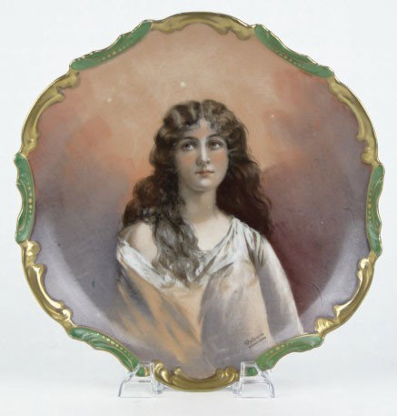 ANTIQUE LIMOGES PORTRAIT PLATE: ANTIQUE LIMOGES PORTRAIT PLATE Well Executed Portrait of a Long Haired Beauty Measures 10-1/4 Inches in Diameter Signed Valerita Very Good Condition no Paint Loss, SHIPPING $35 PLUS INS