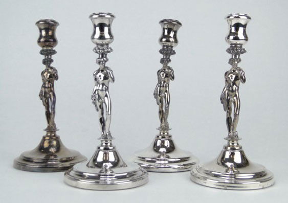 CHRISTOFLE 4 BACCHUS CANDLE STICKS: CHRISTOFLE 4 BACCHUS CANDLE STICKS Each Measures Approximately 9 Inches Tall Comes with 3 Tattered Christofle Boxes Candlesticks in Very Good Condition, WE WILL NOT SHIP THIS LOT, CAN REFER LOCAL SHIP