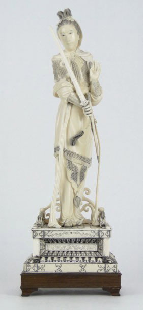HUGE CHINESE IVORY QUAN YIN: HUGE CHINESE IVORY QUAN YIN Mounted on bone base, holding a sword up, with wooden stand, quan yin measures 15" tall, 18" from bottom, WE WILL NOT SHIP THIS LOT, CAN REFER LOCAL SHIPPER
