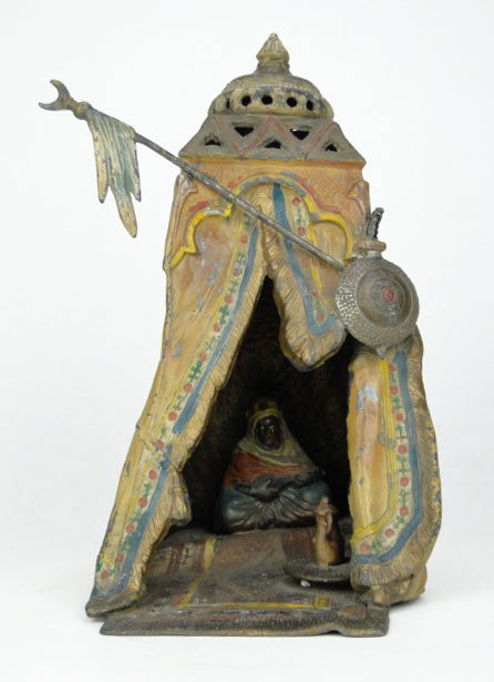 20C ENAMEL PAINTED ARAB TENT METAL SCULPTURE: 20C ENAMEL PAINTED ARAB TENT METAL SCULPTURE Enamel Painted White Metal Sculpture of an Arab Tent Replicating Vienna Bronze Lamps. Unsigned. Paint Losses and Losses to Metal Otherwise Good Condition. 