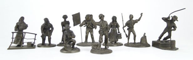 9 FRANKLIN MINT FINE PEWTER FIGURINES: 9 FRANKLIN MINT FINE PEWTER FIGURINES Consisting of The Homesteader 1856-1875 © 1974, The prospector 1836-1855 © 1974, The First Citizen 1776-1795 © 1974, The Immigrant 1896-1915 © 1974, The Canal