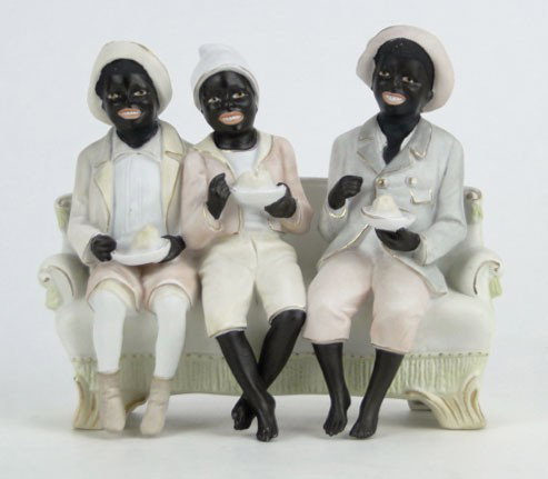 LARGE BLACK AMERICANA BISQUE PORCELAIN FIGURINE: LARGE BLACK AMERICANA BISQUE PORCELAIN FIGURINE Circa 1930's 3 Older Gentleman Sitting on a Sofa Eating Ice Cream Measures Approximately 6 Inches Tall 7 Inches Wide Very Good Condition, SHIPPING $35 P