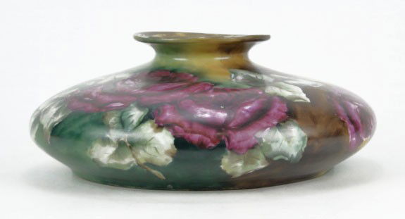 LIMOGES ANTIQUE LG SQUAT VASE: LIMOGES ANTIQUE LG SQUAT VASE with Hand Painted Cabbage Roses on Green Ground Measures Approximately 13 Inches in Diameter Signed to base King 1910 This Vase was Produced Approximately 1900's by Tress