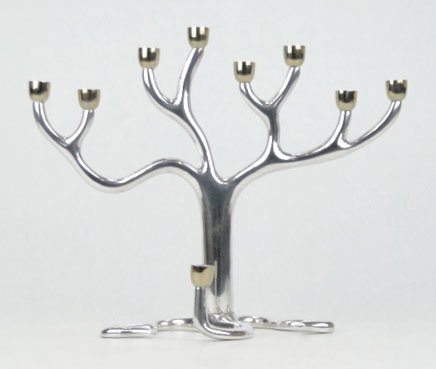 ROSENTHAL MENORAH SANDRA KRAVITZ: ROSENTHAL MENORAH SANDRA KRAVITZ In the Form of the Tree of Life Silver Tone with Gold Holders Measures Approximately 9 Inches Tall 10 Inches Wide, SHIPPING $35 PLUS INS