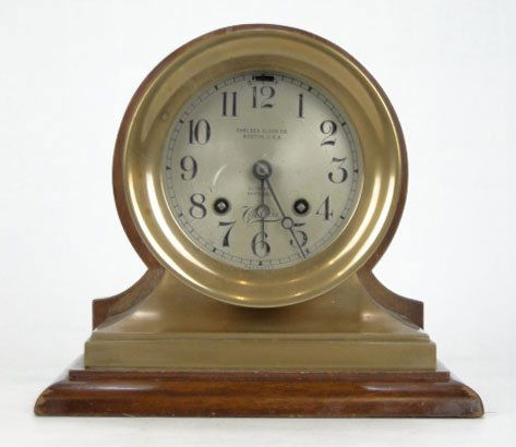 ANTIQUE CHELSEA SHIPS BELL CLOCK: ANTIQUE CHELSEA SHIPS BELL CLOCK Made in Boston Early 20th Century on Wooden Base in Working Condition Time & Strike Measures Approximately 8 Inches Tall 7 inches Wide with a 4 Diameter Dial in, WE WI