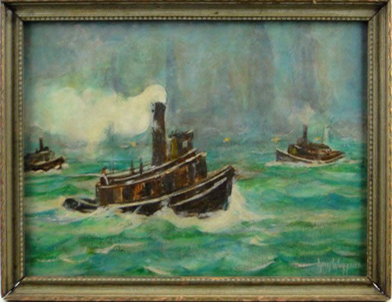 GUY WIGGINS OIL ON BOARD TUG BOAT SCENE: GUY WIGGINS OIL ON BOARD TUG BOAT SCENE Guy Carleton Wiggins Listed Artist (February 23, 1883 – April 1962) was an American artist who became famous for his paintings of New York City's snowy street