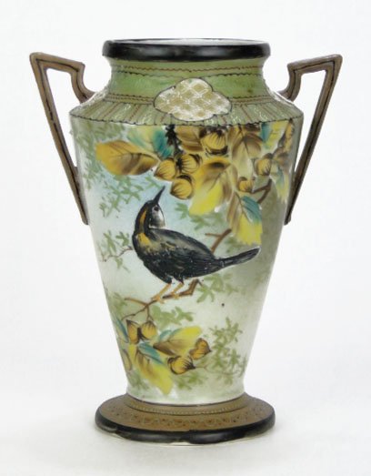 ANTIQUE NIPPON DOUBLE HANDLED PORCELAIN VASE: ANTIQUE NIPPON DOUBLE HANDLED PORCELAIN VASE Bird design, 9 1/2" tall, flowers on mint green ground, blue Nippon mark to base, SHIPPING $35 PLUS INS