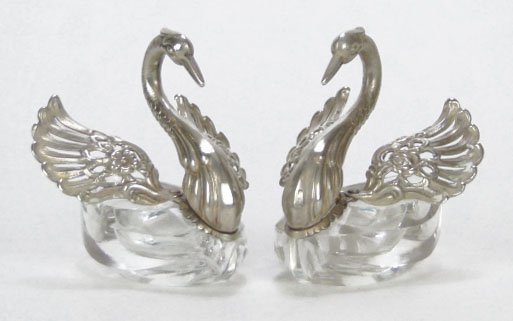 PAIR OF ANTIQUE SCANDINAVIAN STERLING AND CRYSTAL: PAIR OF ANTIQUE SCANDINAVIAN STERLING AND CRYSTAL SWAN SALTS signed by7 artist, and 835 silver each aprox 3" long, in excellent condition, SHIPPING $20 PLUS INS