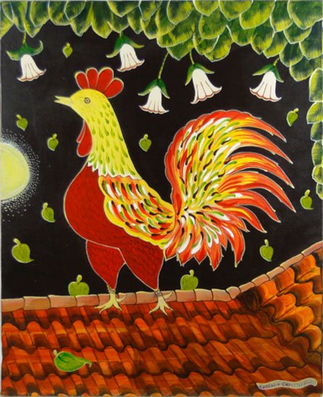 FLORENCIO CAPESTANY CUBAN OIL ON CANVAS ROOSTER: FLORENCIO CAPESTANY CUBAN OIL ON CANVAS ROOSTER Brilliantly Painted of a Rooster Prancing on a Roof Top Signed Lower Right Measures Approximately 21 Inches Tall 15-1/2 Inches Wide Unframed with Wood B