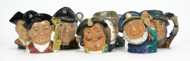 GROUPING SEVEN (7) ROYAL DOULTON SMALL TOBY MUGS: GROUPING SEVEN (7) ROYAL DOULTON SMALL TOBY MUGS to Include Old Salt, the Poacher, Rip Van Winkle, The Night Watchman, The Gaoler, The Sleuth, & Captain Henry Morgan Each Measures Approximately 3 to 3