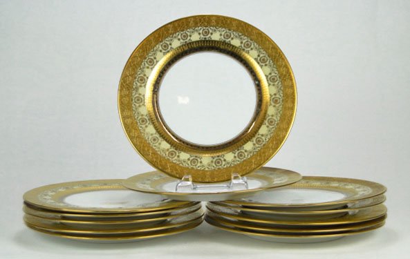 20C BAVARIAN HAND PAINTED SERVICE PLATES: 20C BAVARIAN HAND PAINTED SERVICE PLATES Set of Twelve (12) Early 20th Century Bavarian Painted Porcelain Service Plates with Raised Gilt Decoration. Signed Bavaria and Macy. Rubbing to Gilt Decoratio