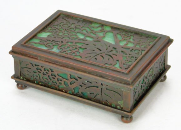TIFFANY STUDIO ANTIQUE BRONZE & FAVRILLE COVERED BO: TIFFANY STUDIO ANTIQUE BRONZE & FAVRILLE COVERED BOX Signed to Base Tiffany & Co New York Covered Box Measures 4-1/2 Inches Long 3 Inches Wide 1-1/2 Inches Tall, SHIPPING $35 PLUS INS