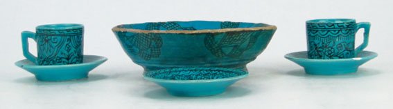 18/19C CHINESE TURQUOISE POTTERY BOWL & CUPS: 18/19C CHINESE TURQUOISE POTTERY BOWL & CUPS Covered in a Blue Turquoise Glaze in Crude Condition Measures Approximately 6-3/4 Inches in Diameter 2 Inches Tall Accompanied 3 3 Demitasse Saucers and 2 