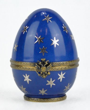 LIMOGES FRANCE FABERGE GALAXY PORCELAIN EGG BOX: LIMOGES FRANCE FABERGE GALAXY PORCELAIN EGG BOX Gold Star Design over Cobalt Blue Ground Measures Approximately 3 Inches Tall Very Good Condition, SHIPPING $20 PLUS INS