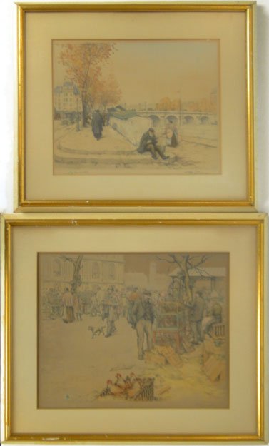 TWO (2) TAVIK FRANTISEK SIMON MIXED MEDIA PARIS SCE: TWO (2) TAVIK FRANTISEK SIMON MIXED MEDIA PARIS SCENES Tavik Frantisek (T.F.) Simon (1877 - 1942) Mixed Media Watercolor of a Paris Chicken market Scene 13 by 16 Plus Frame Paris Bank of the Seine Riv