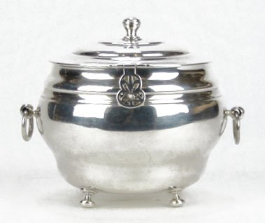 VICTORIAN STERLING SILVER ENGLISH COVERED SUGAR: VICTORIAN STERLING SILVER ENGLISH COVERED SUGAR Standing on 4 Feet This Lidded Bowl is Stamped made in England for JC Caldwell of Philadelphia Hallmarks Partly Rubbed but Can See Lion Left and X 2 Oth