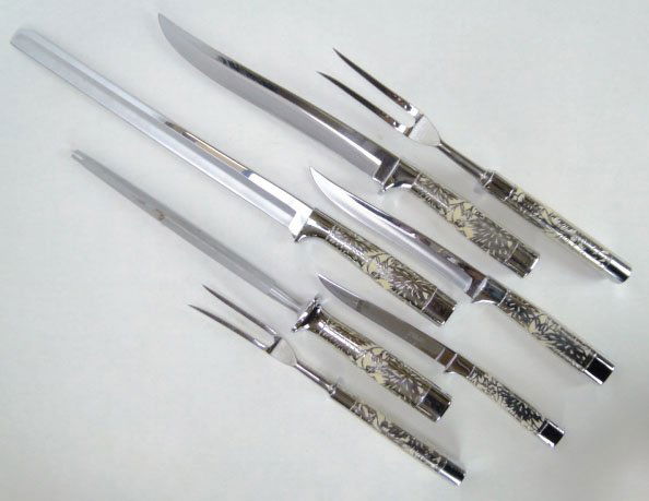 VINTAGE STERLING SILVER & CELLULIOD STEAK CARVING: VINTAGE STERLING SILVER & CELLULIOD STEAK CARVING SET Carvel Hall by Briddel Consisting of 2 Carving Sets, a Large Bread Knife a Sharpening Steel and 12 Knives Comes in its Original fitted Box, SHIPPI