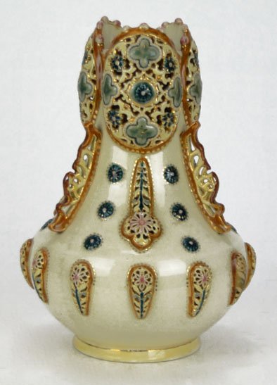 ANTIQUE ZSOLNAY RETICULATED & JEWELED LG VASE: ANTIQUE ZSOLNAY RETICULATED & JEWELED LG VASE Signed with the Zsolnay Pecs Key Mark Under Glaze and Incised Zsolnay Excellent Condition Slight Crazing Measures Approximately 10-1/2 Inches Tall, WE WIL