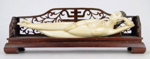 19/20C HUGE CHINESE CARVED DOCTORS LADY 18 INCH: 19/20C LARGE CHINESE CARVED DOCTORS LADY Large Early to Mid 20th Century Chinese Carved Ivory "Doctor's Lady" on Carved Rosewood Fitted Bed. Fabulous Detail Down to the Carving on the Fingernails