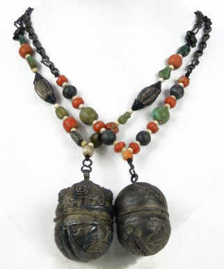 PAIR ANTIQUE THAI ETHNIC NECKLACES: PAIR ANTIQUE THAI ETHNIC NECKLACES with jade coral Ivory & Cornelian Beads and Silver Rattles Each Measures Approximately 25 Inches Long, SHIPPING $20 PLUS INS