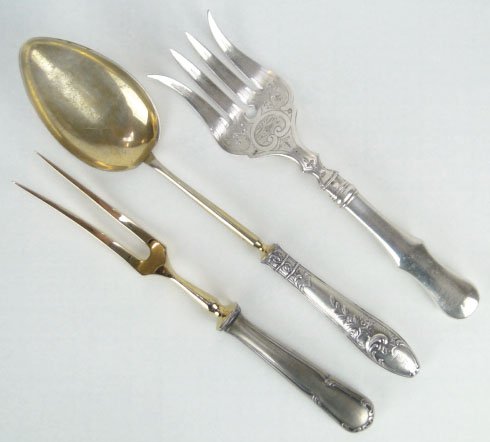 3 ANTIQUE LARGE STERLING HANDLED RUSSIAN SERVING P: 3 ANTIQUE LARGE STERLING HANDLED RUSSIAN SERVING PIECES 4 Prong fork 9-1/2 Inches Long, Large Stuffing Spoon with Gold Overlay Signed 875, Large Carving Fork Gold Vermille.SHIPPING $20 PLUS INS