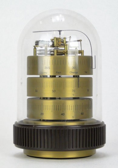VINTAGE HOWARD MILLER BAROMETER, HYGROMETER, THERM: VINTAGE HOWARD MILLER BAROMETER, HYGROMETER, THERMOMETER DOME CLOCK Made in Germany in Working Condition. Measures Approximately 7 Inches tall, Made IN GERMANY, SHIPPING $40 PLUS INS