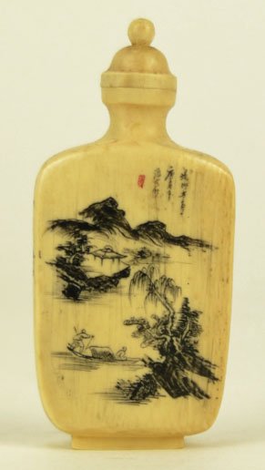 ANTIQUE SCRIMSHAW & CARVED IVORY CHINESE SNUFF BOT: ANTIQUE SCRIMSHAW & CARVED IVORY CHINESE SNUFF BOTTLE Scrimshaw of Junk boat on Lakedwith Mountians Signed to top of Front and Inverso Carved Elder & Child Also Signed Measures 2-3/4 Inches tall Very 