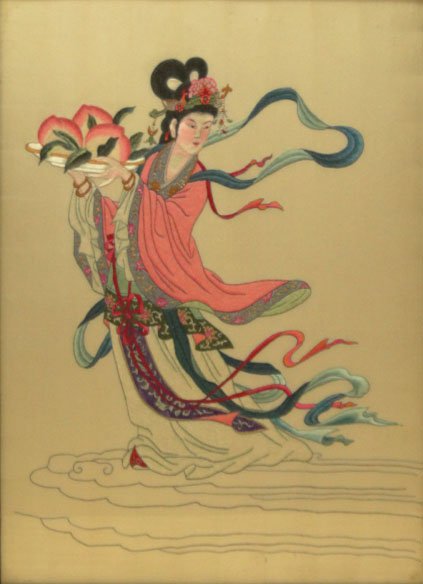ANTIQUE CHINESE EMBROIDERED SILK TAPESTRY: ANTIQUE CHINESE EMBROIDERED SILK TAPESTRY Depicting a Beautiful Quan Yin Holding Tray of Fruit Measures Approximately 21 Inches tall 15 inches Wide Plus Frame, WE WILL NOT SHIP THIS LOT, CAN REFER LOC