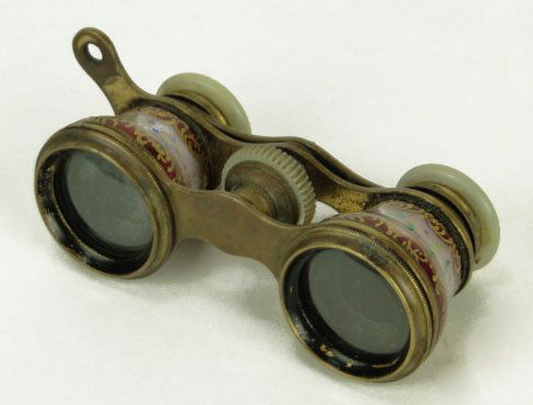 ANTIQUE FRENCH ENAMELED OPERA GLASSES: ANTIQUE FRENCH ENAMELED OPERA GLASSES Fabulous Floral Enamel on Lavender Ground with Red & Gold Boarder Mother of Pearl Accent Around the Lenses Titled CHAVANCE & Co Paris Measures Approximately 4 Inc