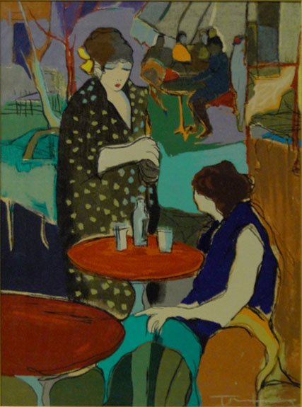 ITZACHAK TARKAY SERIGRAPH CONVERSATION IN RESTAURAN: ITZACHAK TARKAY SERIGRAPH CONVERSATION IN RESTAURANT Itzchak Tarkay "Conversation in Restaurant" Serigraph on Linen Paper Pencil Signed & Numbered 81/100 Inverso Measures Aproximately 21 Inches Tall 1