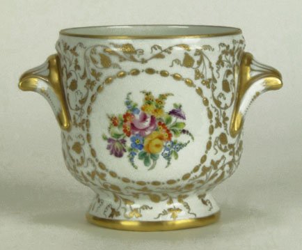 VINTAGE FRENCH SEVRES STYLE CACHEPOT: VINTAGE FRENCH SEVRES STYLE CACHEPOT Hand Painted Floral Spray Design with Antique Gold Accent Signed to Base. Measures A[approximately 5 Inches Tall 6 Inches Wide Handle to Handle, SHIPPING $35 PLUS 