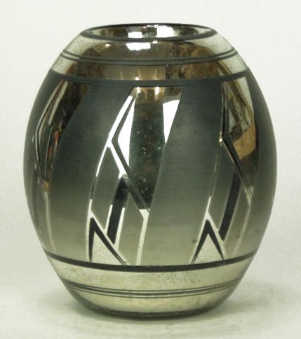 ANTIQUE ART DECO MERCURY GLASS VASE: ANTIQUE ART DECO MERCURY GLASS VASE Made in Czechlovakia with Wonderful Painted Art Deco Abstract Mirror Ground Design. Measures Approximately 8 Inches Tall, SHIPPING $40 PLUS INS