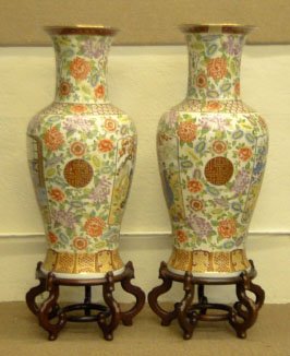 PAIR OF HUGE ANTIQUE CHINESE HAND PAINTED FLOOR VA: PAIR OF HUGE ANTIQUE CHINESE HAND PAINTED FLOOR VASES with Beautiful Floral hand Painted Display Panels of Women Each Comes with its Own 10 Inch Rose Wood Stand Please NOTE one has Repair to Rim Each 